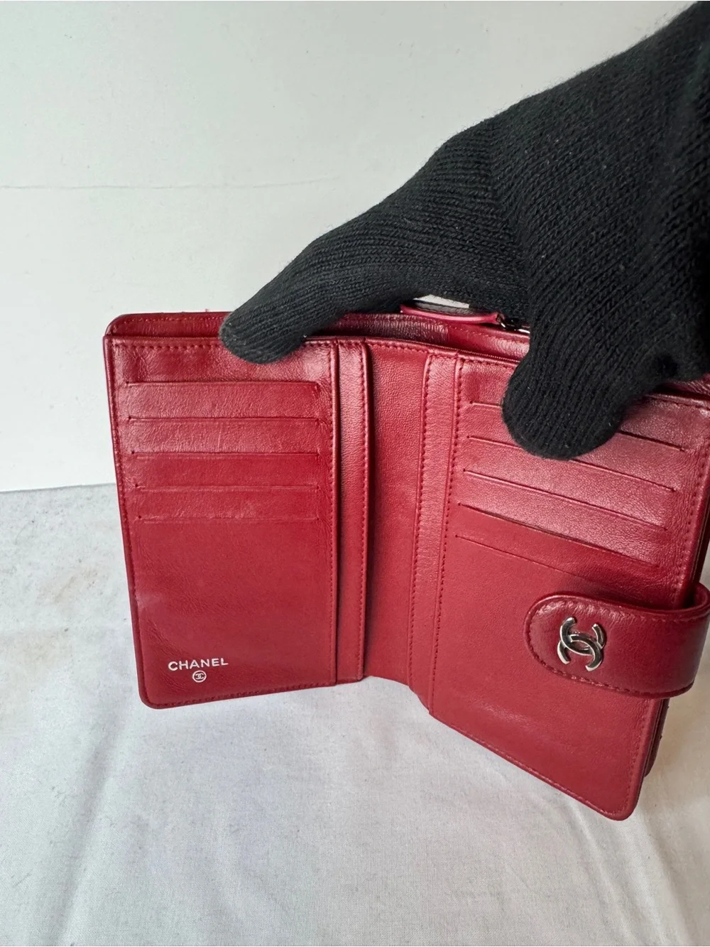 CHANEL Quilted Wallet in Deep Red with Silver CC Compact Wallet